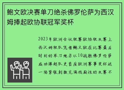 鲍文欧决赛单刀绝杀佛罗伦萨为西汉姆捧起欧协联冠军奖杯 鲍文欧决赛单刀绝杀佛罗伦萨为西汉姆捧起欧协联冠军奖杯